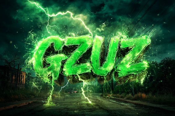 Epic advertisement for "GZUZ" music group, can exploding through a green lightning storm, brand name in glowing graffiti-style font, electricity crackling around letters, photorealistic rendering --ar 4:3 --v 7 Job ID: bc2a2aae-7a70-4b50-b4af-77a0995d0a6e